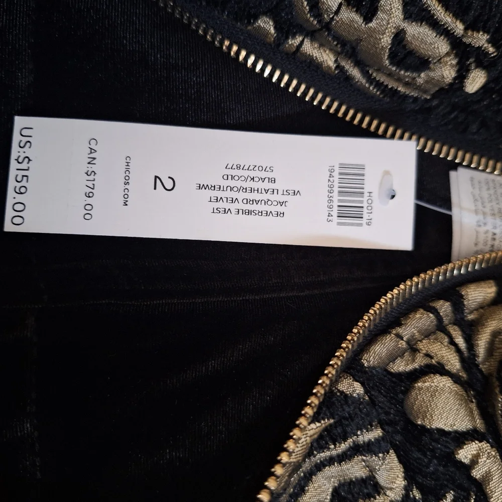 NWT Chico’s Size 2 Black Velvet to Gold Jacquard REVERSIBLE Quilted Vest( LG/12) - Picture 5 of 11